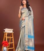 grey organza with thread work and zari weaving saree with blouse
