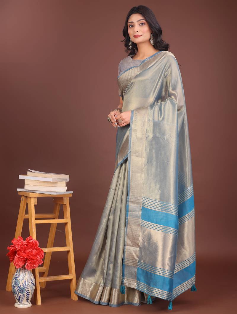 grey organza with thread work and zari weaving saree with blouse