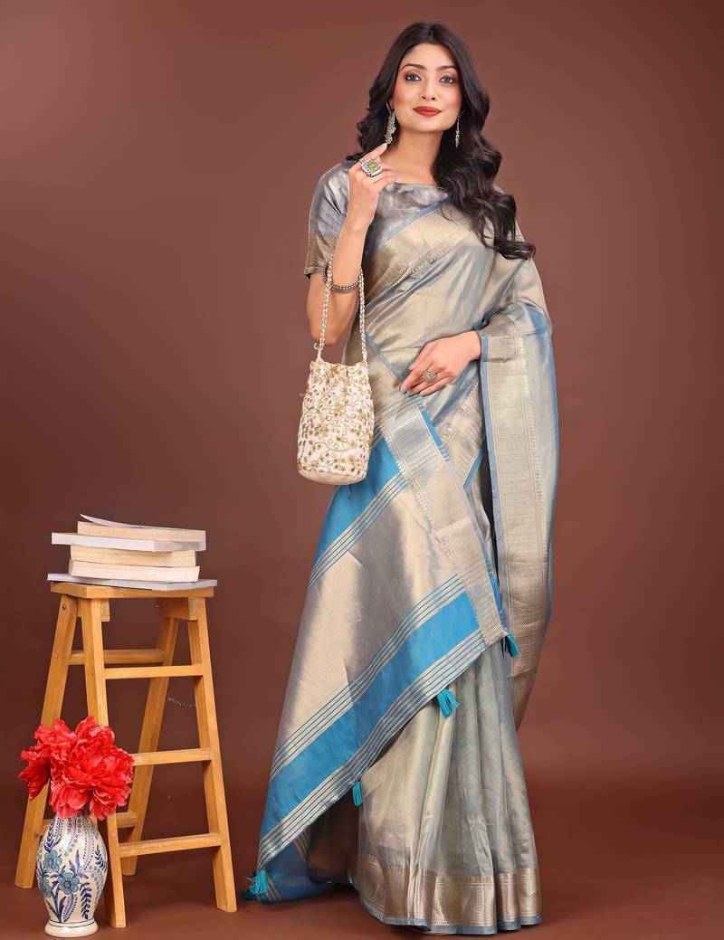 grey organza with thread work and zari weaving saree with blouse