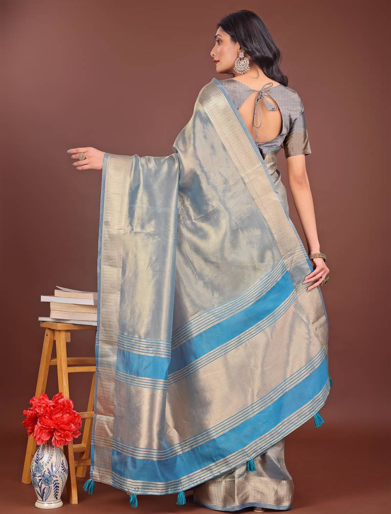 grey organza with thread work and zari weaving saree with blouse