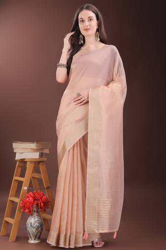 peach organza with thread work and zari weaving saree with blouse