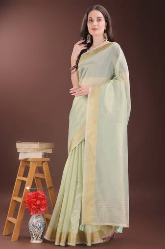 light green organza with thread work and zari weaving saree with blouse