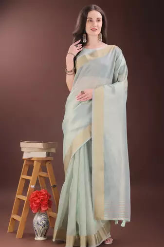 sky blue organza with thread work and zari weaving saree with blouse