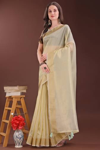 light yellow organza with thread work and zari weaving saree with blouse