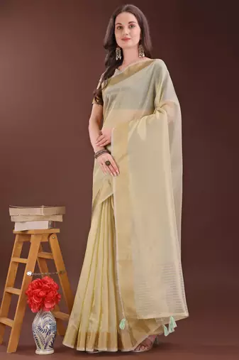 light yellow organza with thread work and zari weaving saree with blouse
