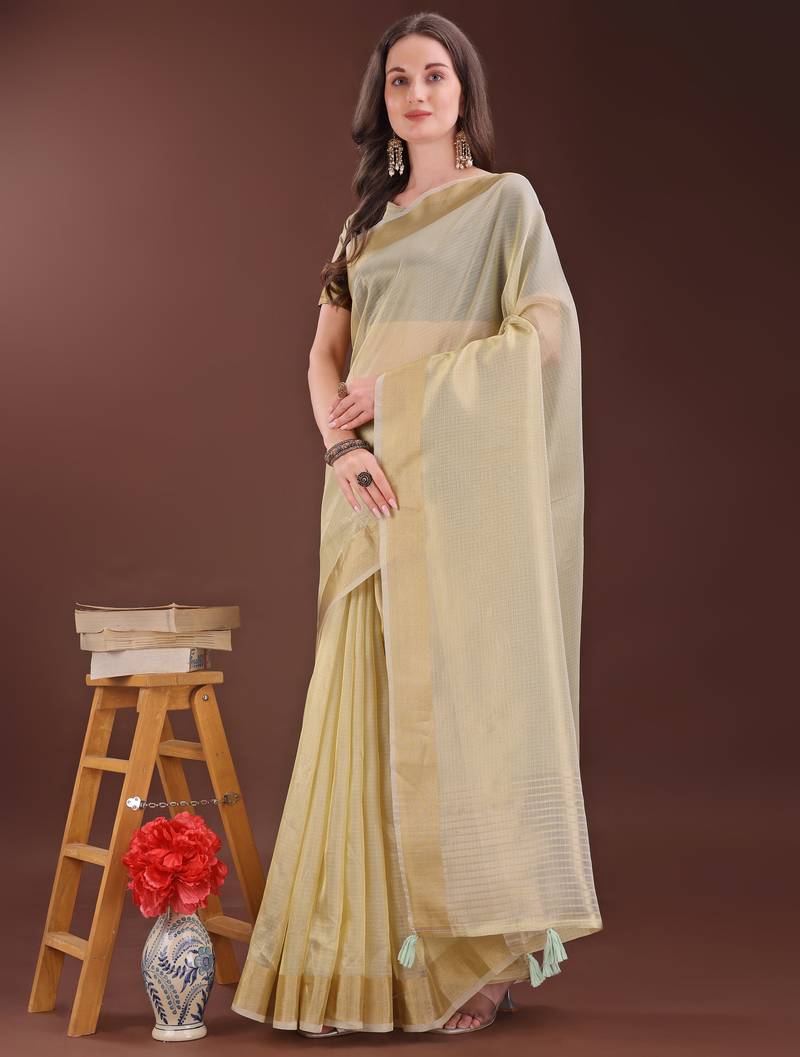 light yellow organza with thread work and zari weaving saree with blouse