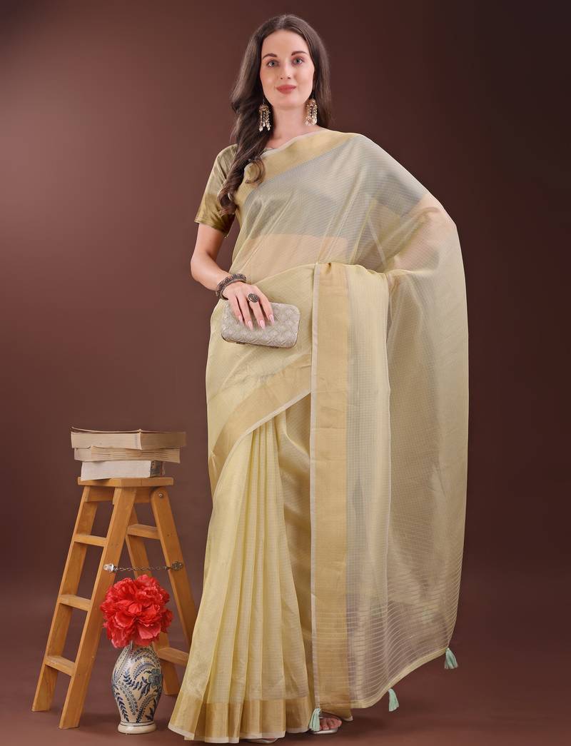 light yellow organza with thread work and zari weaving saree with blouse