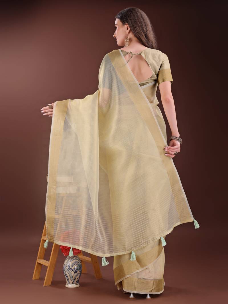 light yellow organza with thread work and zari weaving saree with blouse