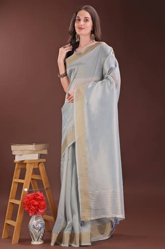 grey organza with thread work and zari weaving saree with blouse