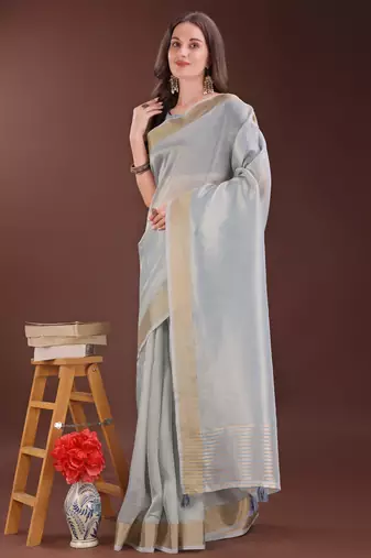 grey organza with thread work and zari weaving saree with blouse