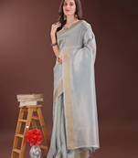 grey organza with thread work and zari weaving saree with blouse