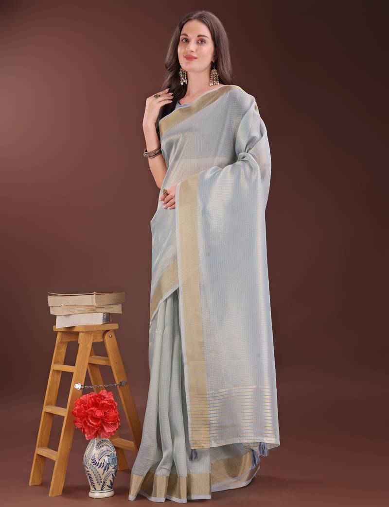 grey organza with thread work and zari weaving saree with blouse
