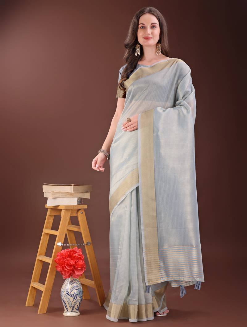 grey organza with thread work and zari weaving saree with blouse