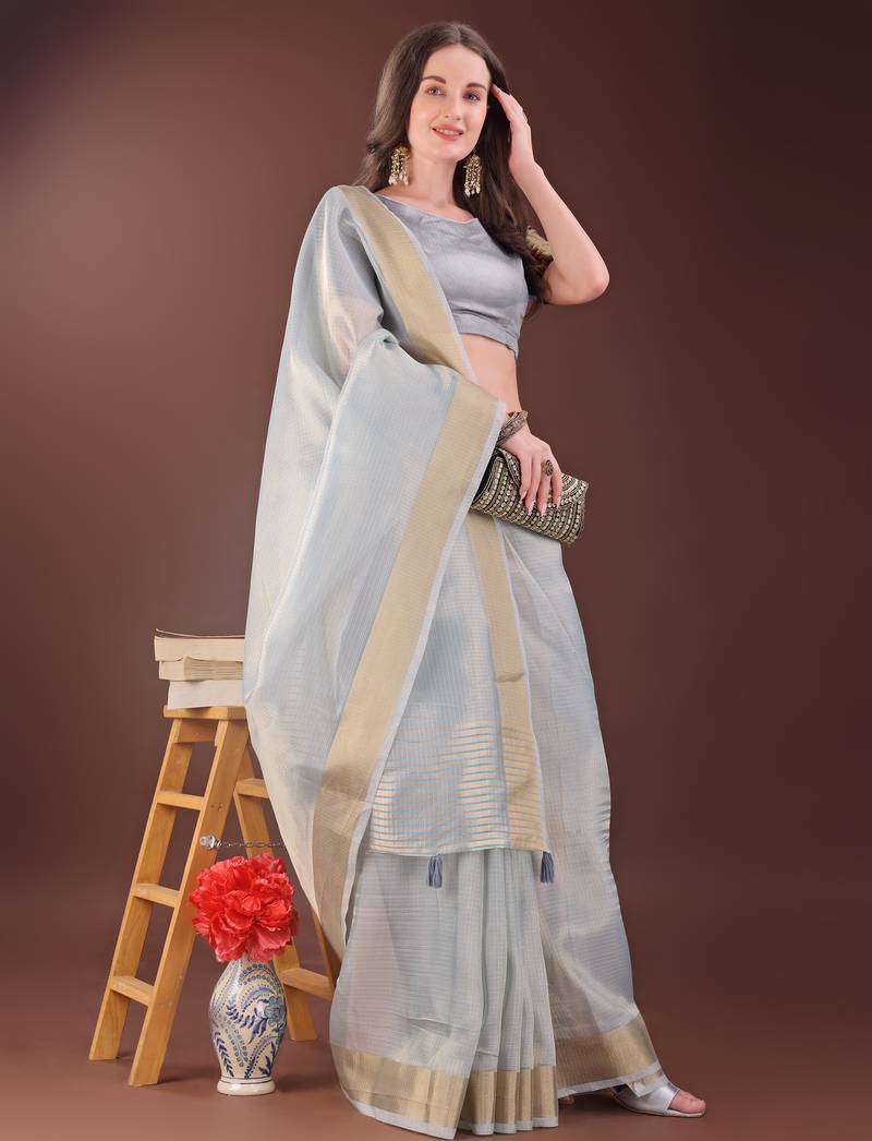 grey organza with thread work and zari weaving saree with blouse