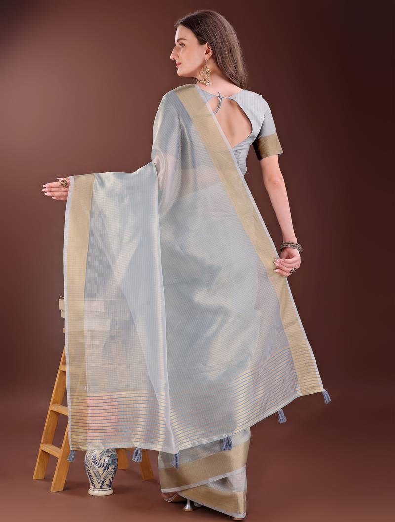 grey organza with thread work and zari weaving saree with blouse