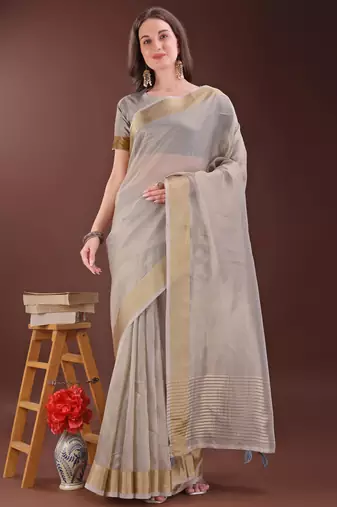 brown organza with thread work and zari weaving saree with blouse