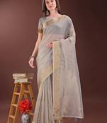 brown organza with thread work and zari weaving saree with blouse