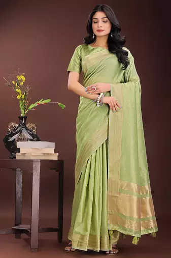 light green organza with thread work and zari weaving saree with blouse