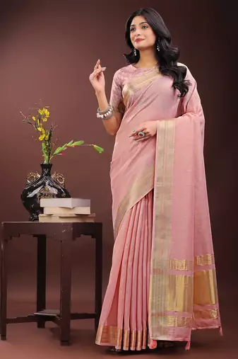 light pink organza with thread work and zari weaving saree with blouse
