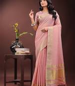 light pink organza with thread work and zari weaving saree with blouse