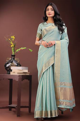olive green organza with thread work and zari weaving saree with blouse