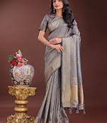 grey organza with thread work and zari weaving saree with blouse