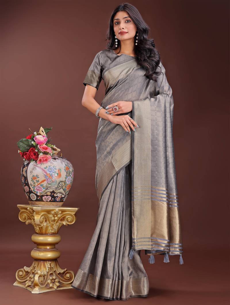 grey organza with thread work and zari weaving saree with blouse