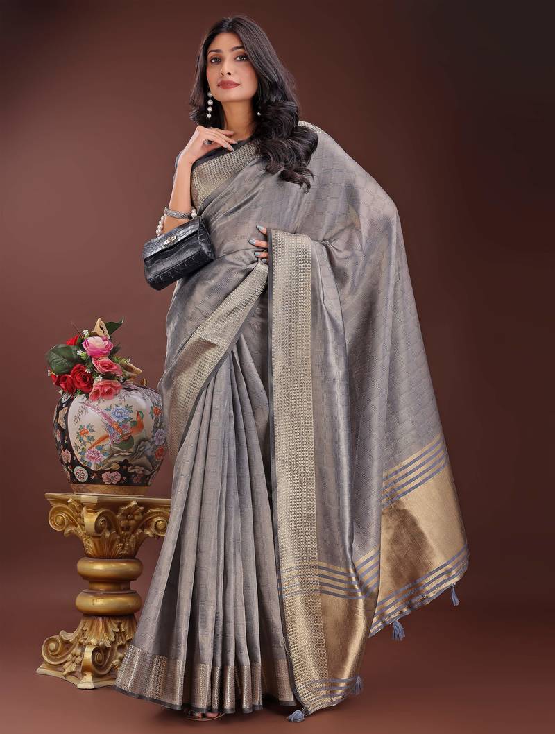 grey organza with thread work and zari weaving saree with blouse