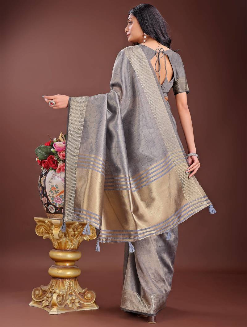 grey organza with thread work and zari weaving saree with blouse