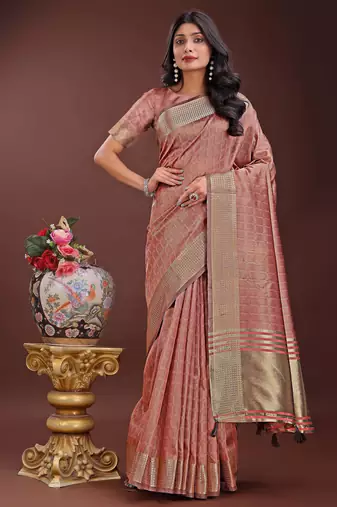 peach organza with thread work and zari weaving saree with blouse