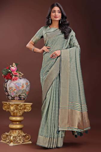 light green organza with thread work and zari weaving saree with blouse