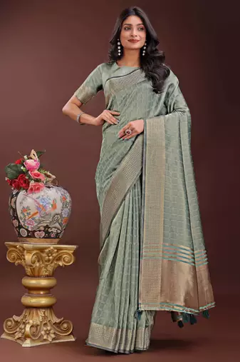light green organza with thread work and zari weaving saree with blouse