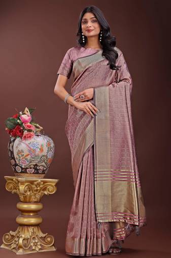 magenta organza with thread work and zari weaving saree with blouse