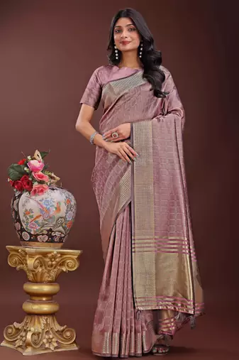 magenta organza with thread work and zari weaving saree with blouse