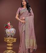 magenta organza with thread work and zari weaving saree with blouse