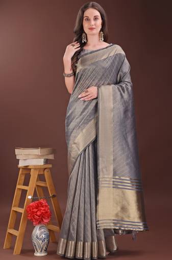 grey organza with thread work and zari weaving saree with blouse