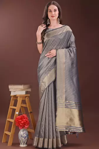 grey organza with thread work and zari weaving saree with blouse