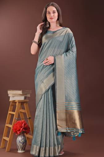 sea green organza with thread work and zari weaving saree with blouse