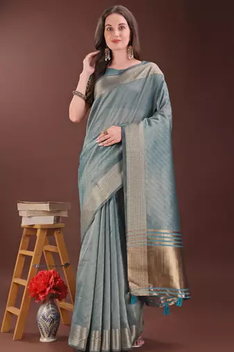 sea green organza with thread work and zari weaving saree with blouse