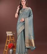 sea green organza with thread work and zari weaving saree with blouse