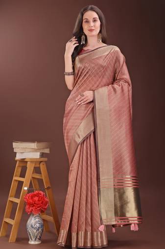 peach organza with thread work and zari weaving saree with blouse