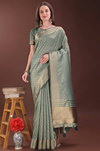 green organza with thread work and zari weaving saree with blouse