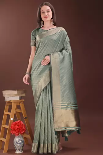 green organza with thread work and zari weaving saree with blouse