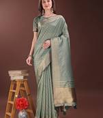 green organza with thread work and zari weaving saree with blouse