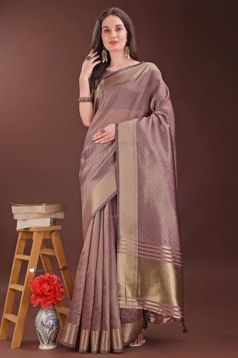 magenta organza with thread work and zari weaving saree with blouse