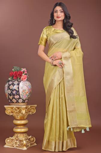 mhendi green organza with thread work and zari weaving saree with blouse