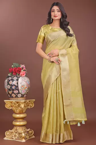mhendi green organza with thread work and zari weaving saree with blouse