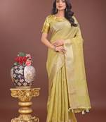 mhendi green organza with thread work and zari weaving saree with blouse