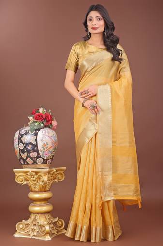 yellow organza with thread work and zari weaving saree with blouse