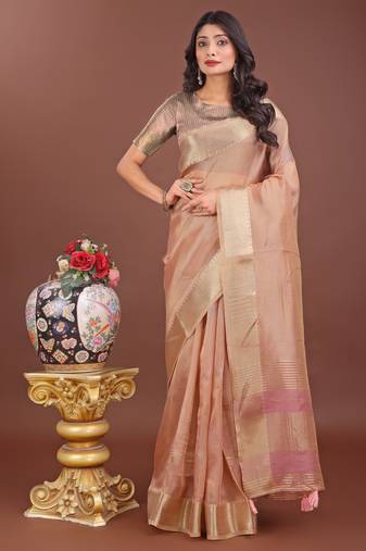 peach organza with thread work and zari weaving saree with blouse